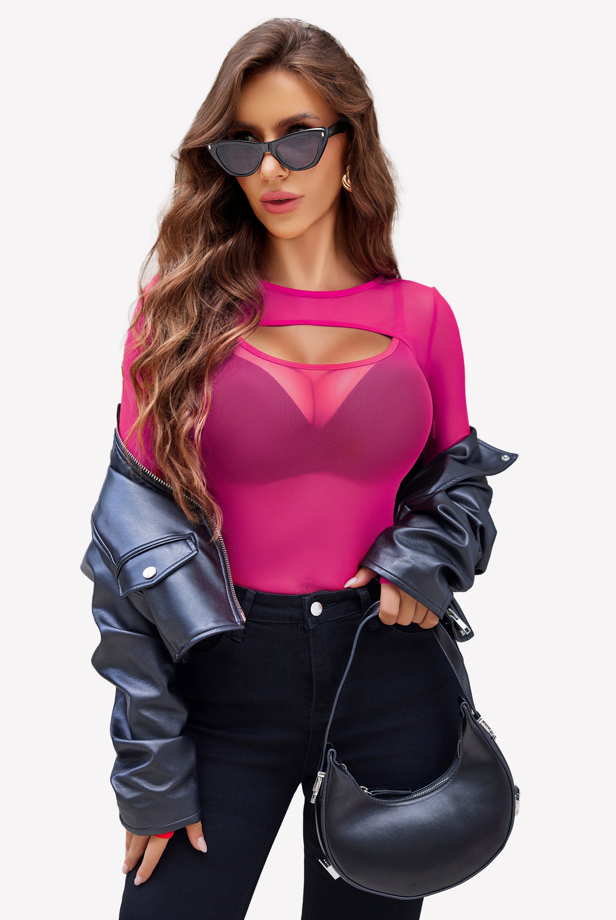 Pink mesh long sleeve top with cut-out design, black jeans, and leather jacket. Sexy lingerie.