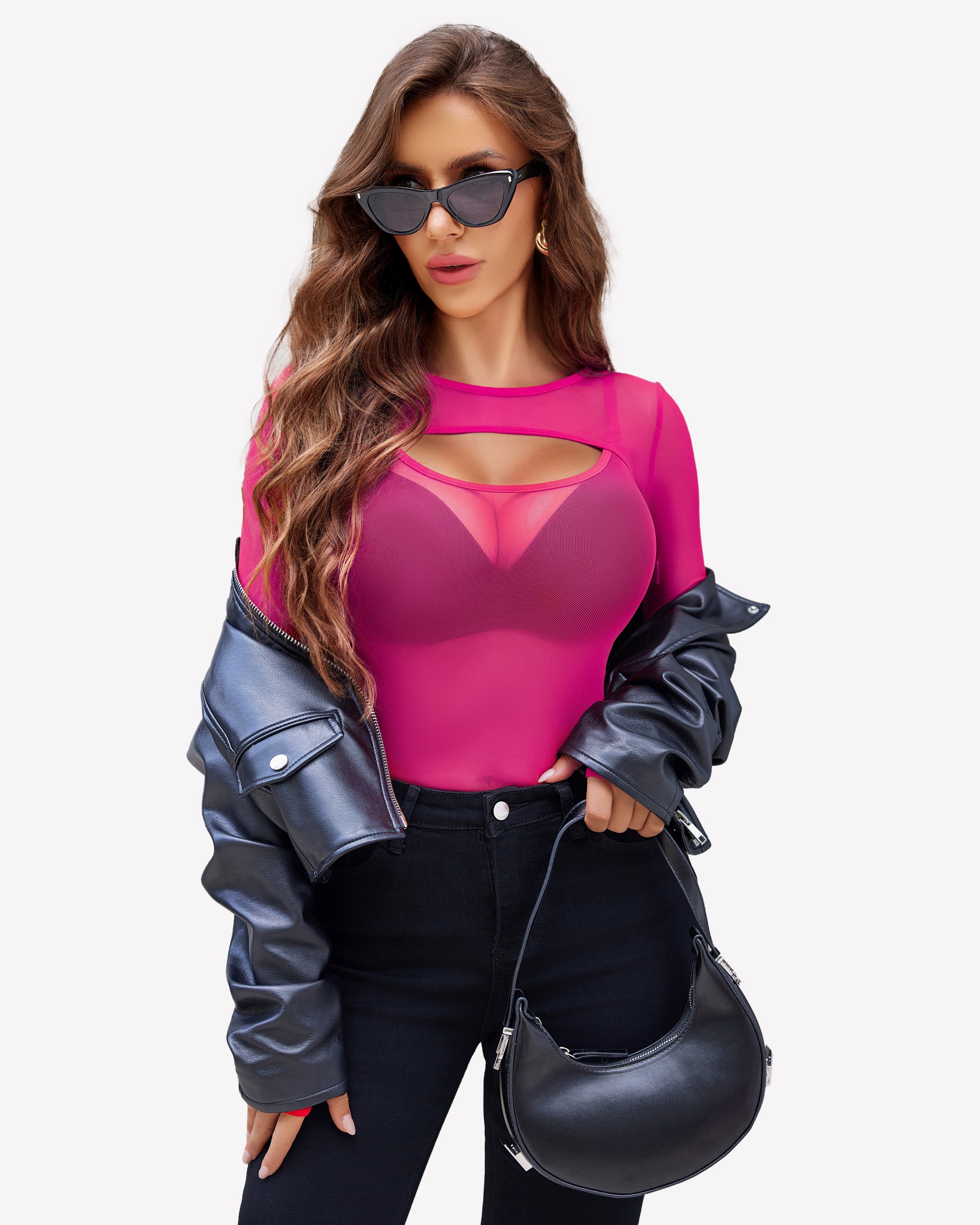 Pink mesh long sleeve top with cut-out design, black jeans, and leather jacket. Sexy lingerie.