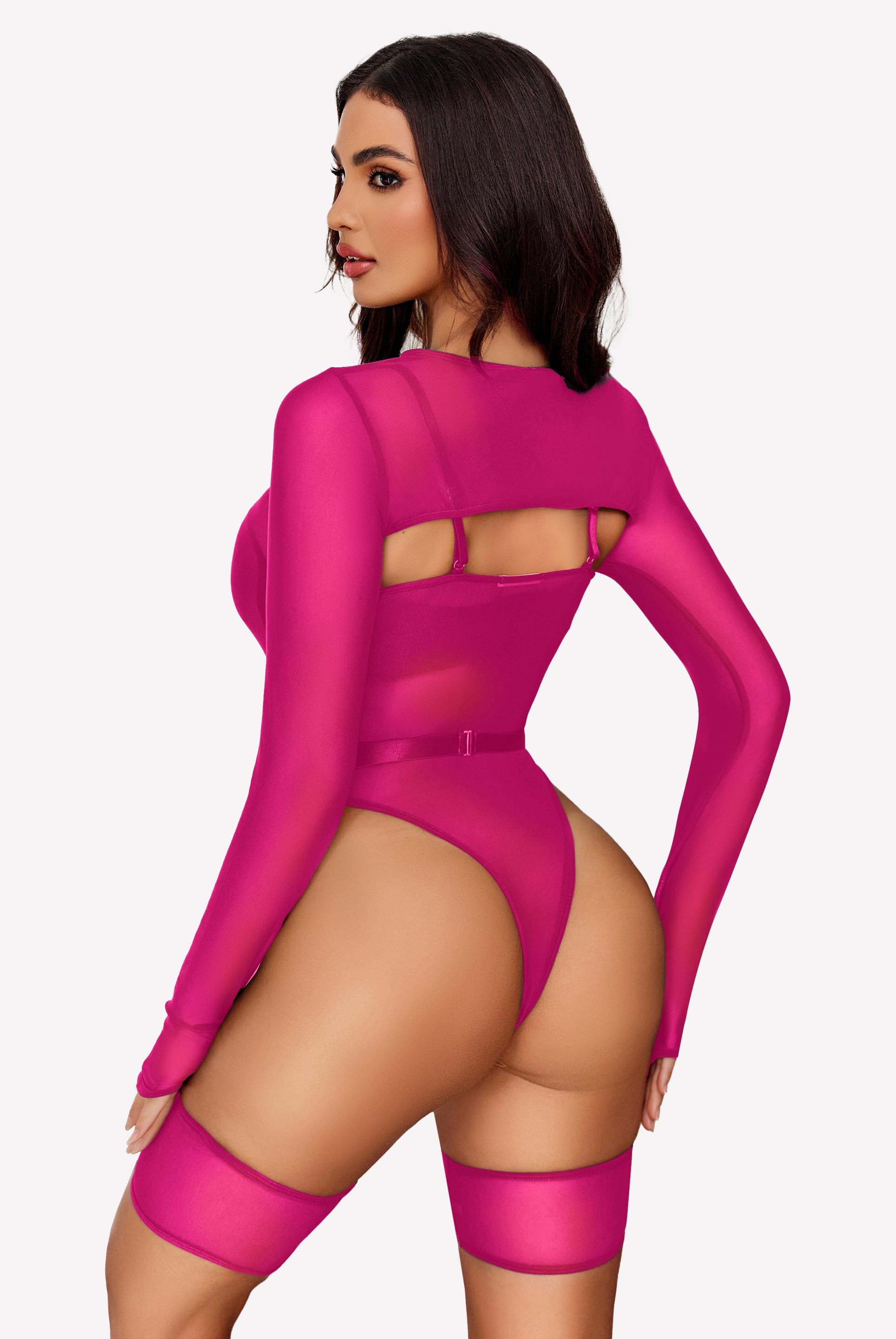 Fuchsia mesh long sleeve teddy lingerie set with cut-out design, sexy lingerie for women