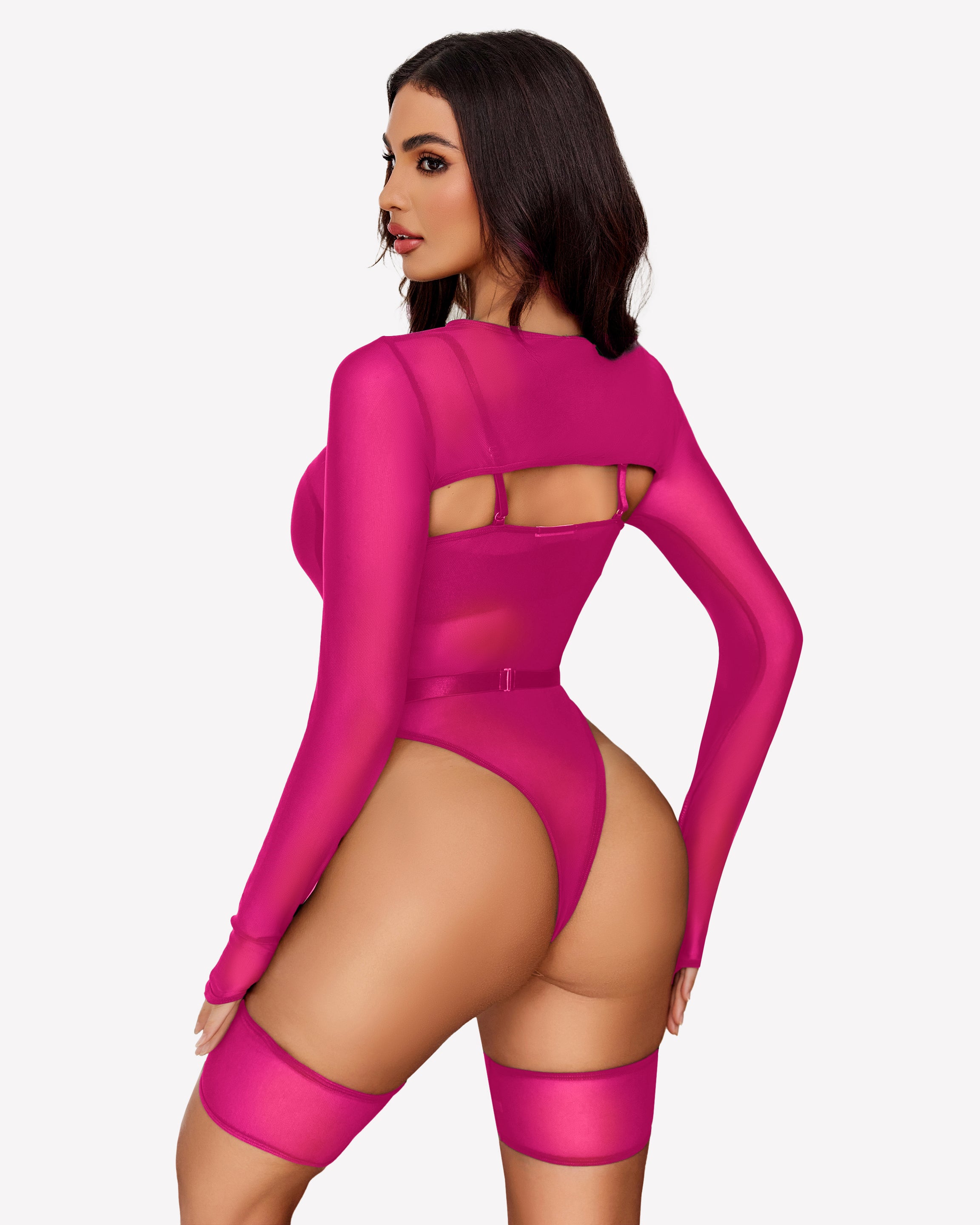 Fuchsia mesh long sleeve teddy lingerie set with cut-out design, sexy lingerie for women