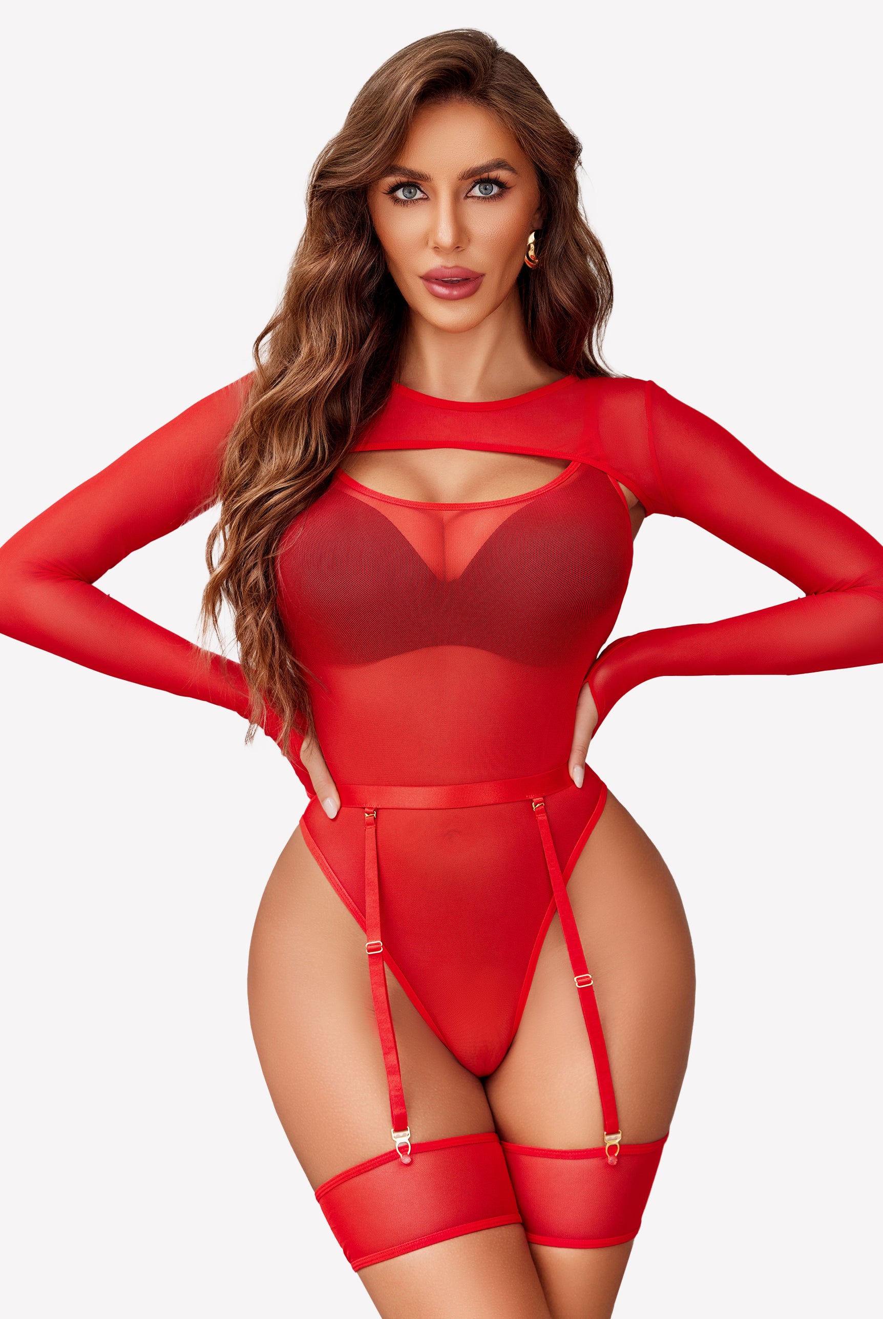 Red mesh long sleeve teddy lingerie set with garter belt and thigh highs, sexy lingerie