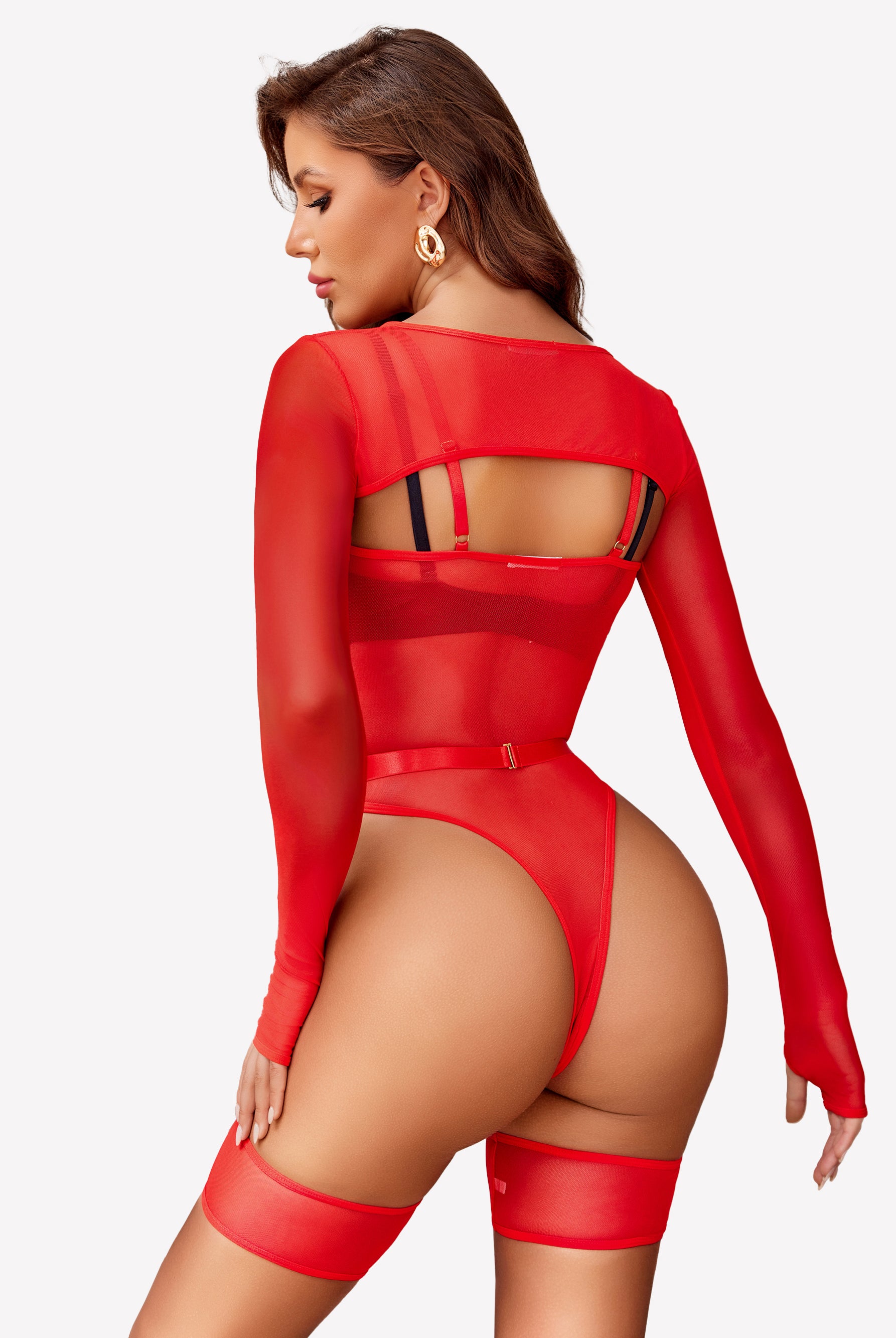 Red mesh long sleeve teddy sheer leotard set with cut-out design, garter belt and thigh highs