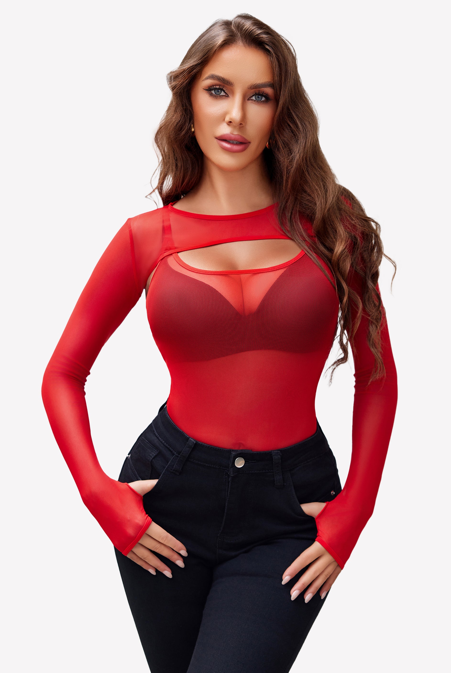 Red mesh long sleeve top with cut-out design, black jeans, and black bra. Sexy lingerie for women.