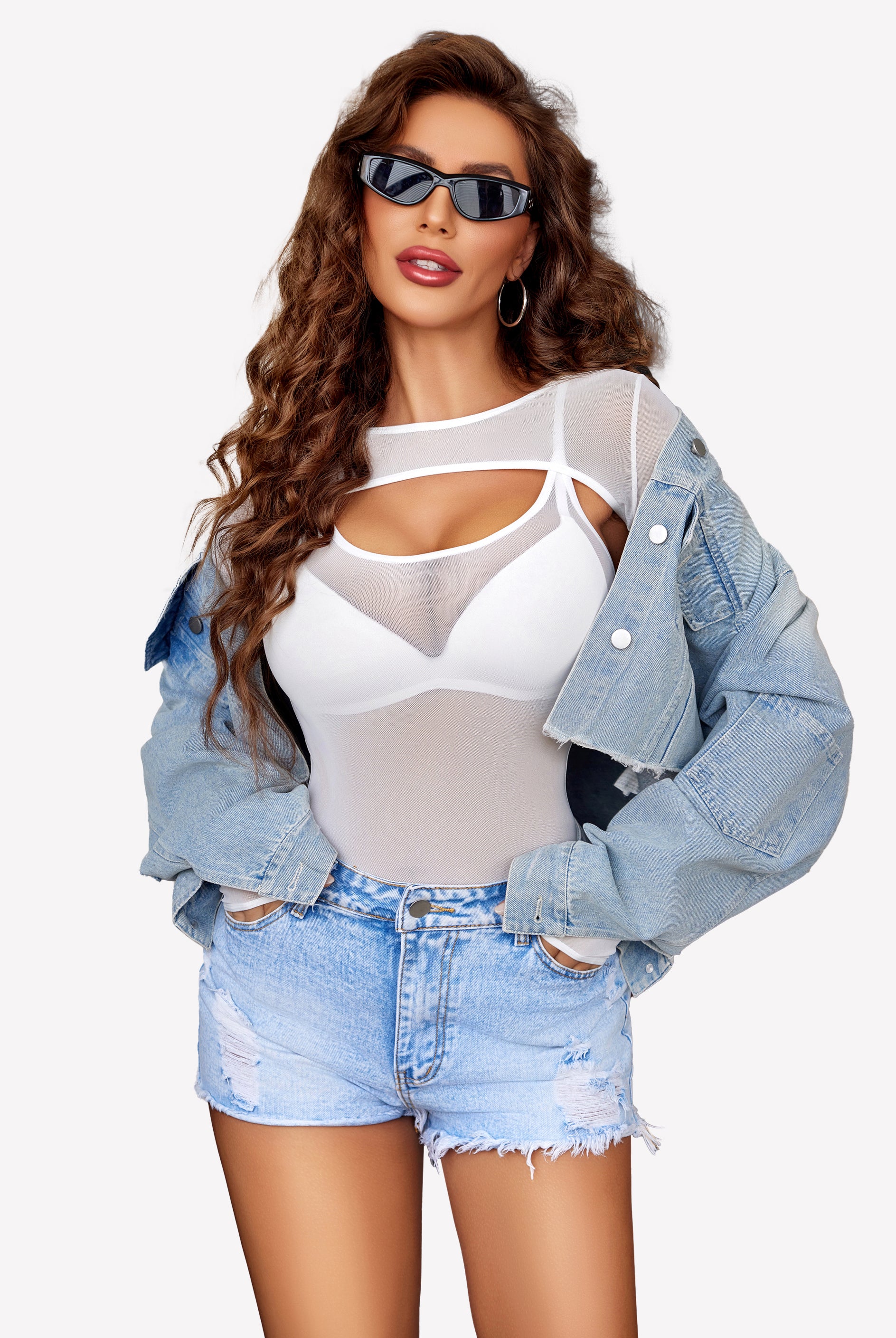 White mesh bodysuit with cut-out, denim jacket, and shorts. Sexy lingerie.
