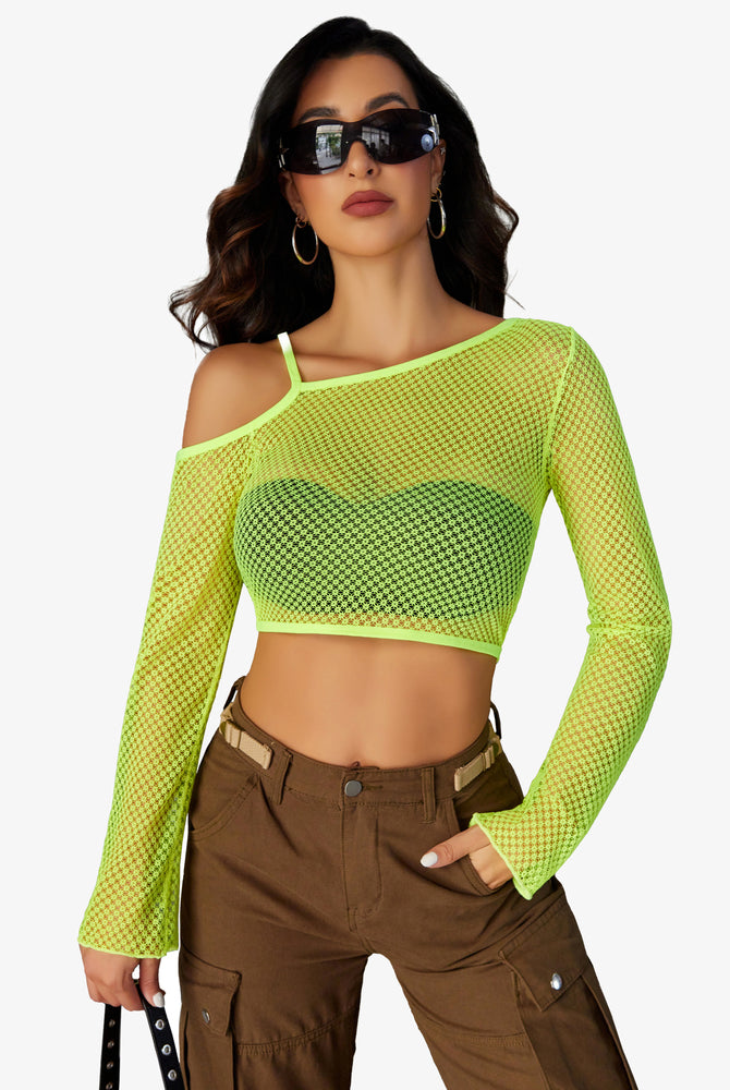 Neon green fishnet crop top with asymmetrical neck, see-through design, brown cargo pants