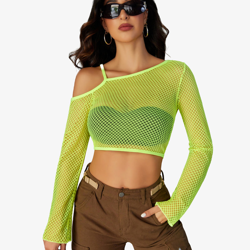 Neon green fishnet crop top with asymmetrical neck, see-through design, brown cargo pants