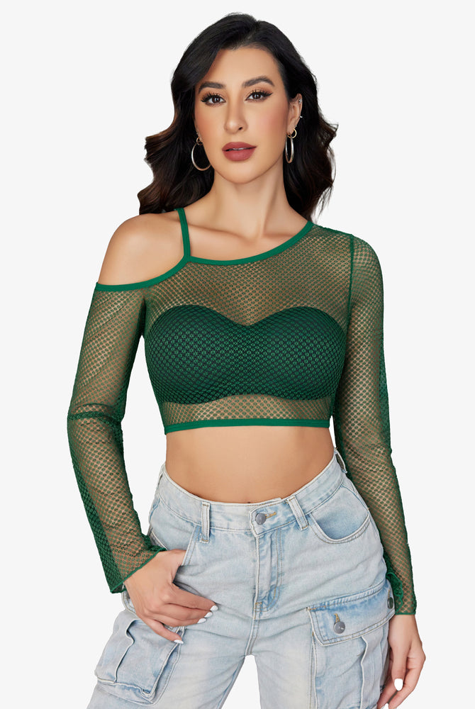 Green fishnet long sleeve crop top with asymmetrical neck and dark green bra, denim pants.