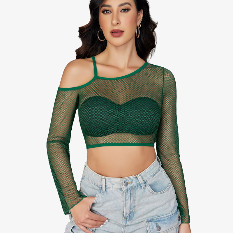 Green fishnet long sleeve crop top with asymmetrical neck and dark green bra, denim pants.
