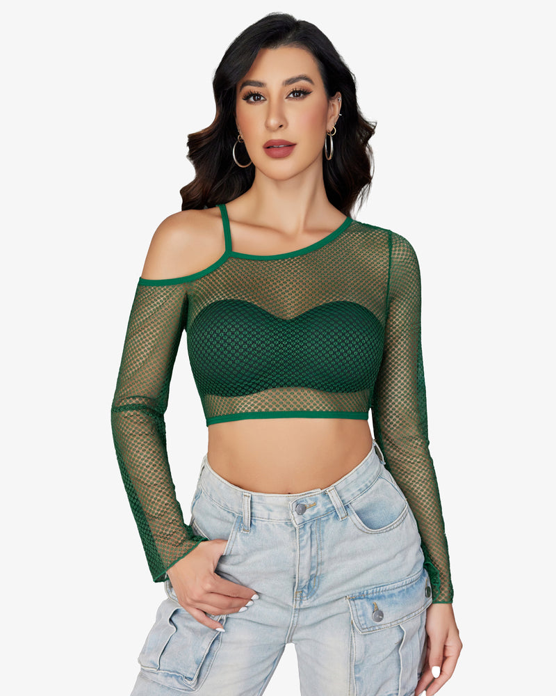 Green fishnet long sleeve crop top with asymmetrical neck and dark green bra, denim pants.