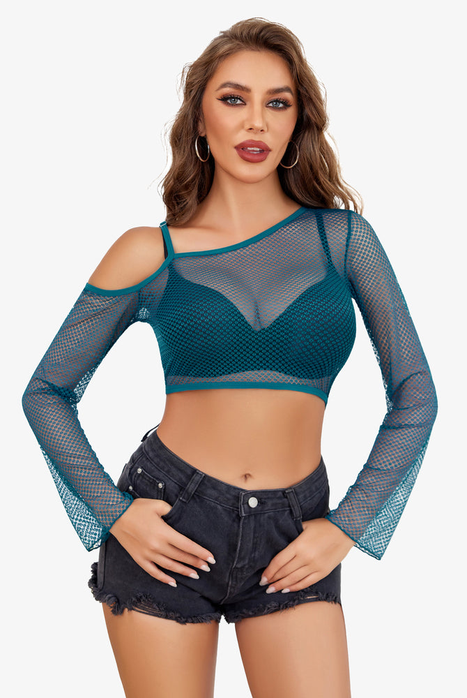 Teal fishnet asymmetrical crop top with long sleeves and black denim shorts. See-through design.