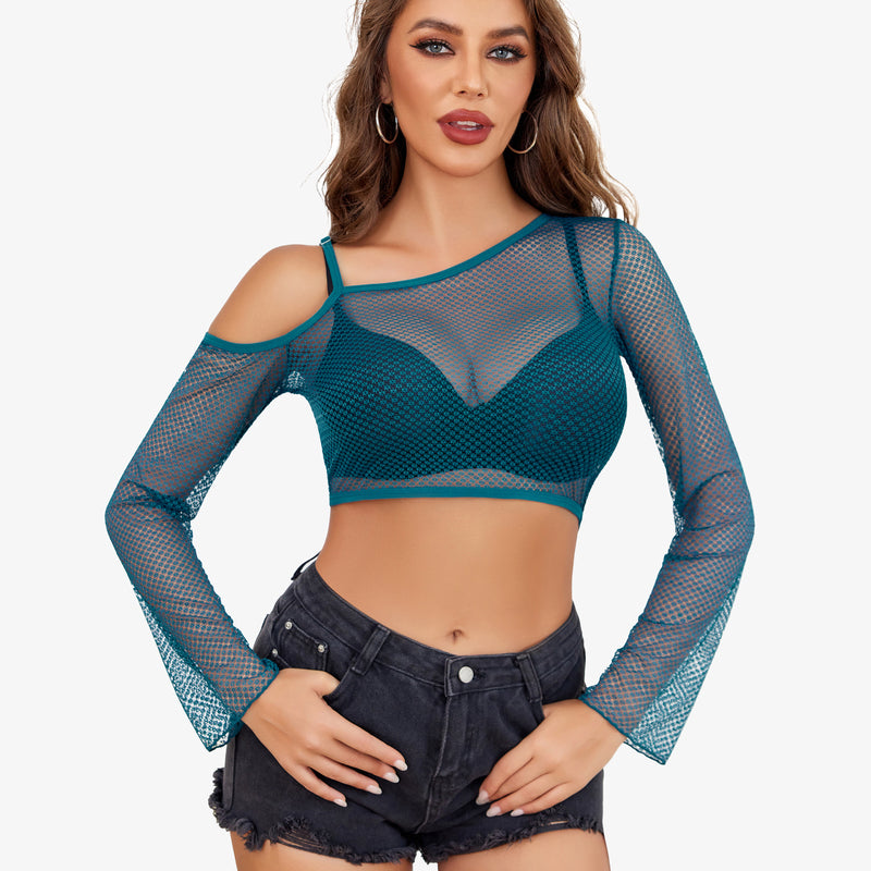 Teal fishnet asymmetrical crop top with long sleeves and black denim shorts. See-through design.