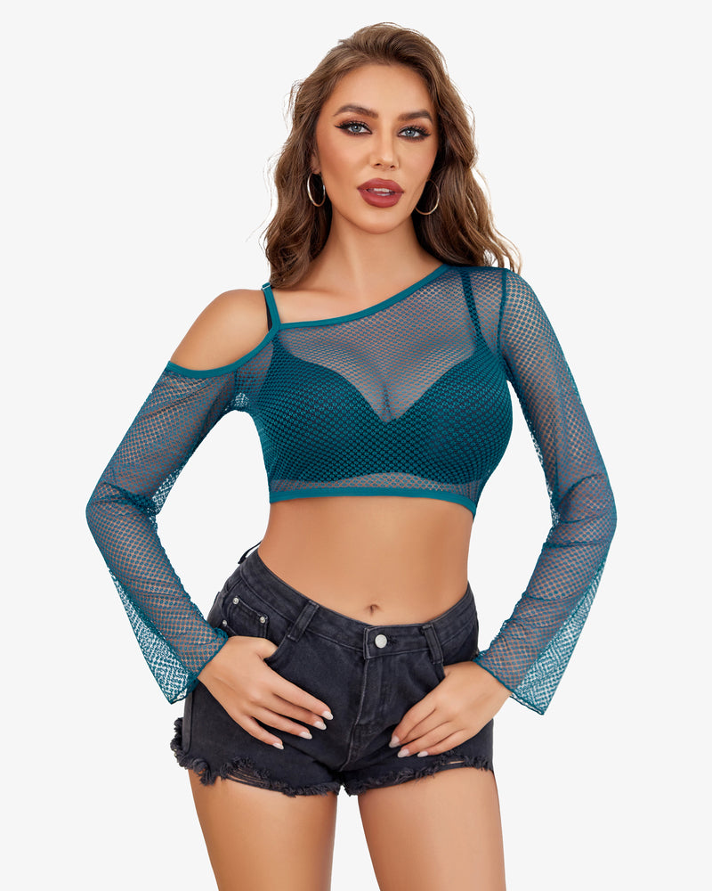 Teal fishnet asymmetrical crop top with long sleeves and black denim shorts. See-through design.