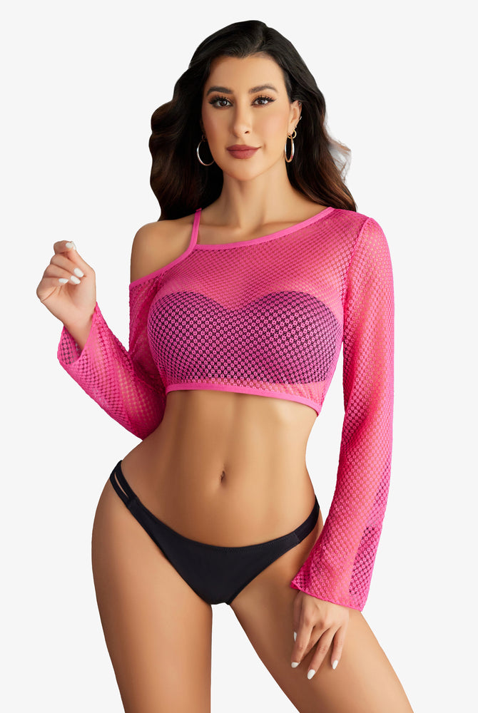 Pink fishnet crop top with asymmetrical neck, black bikini, long sleeve see through lingerie
