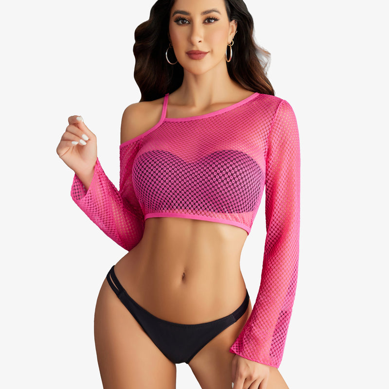 Pink fishnet crop top with asymmetrical neck, black bikini, long sleeve see through lingerie