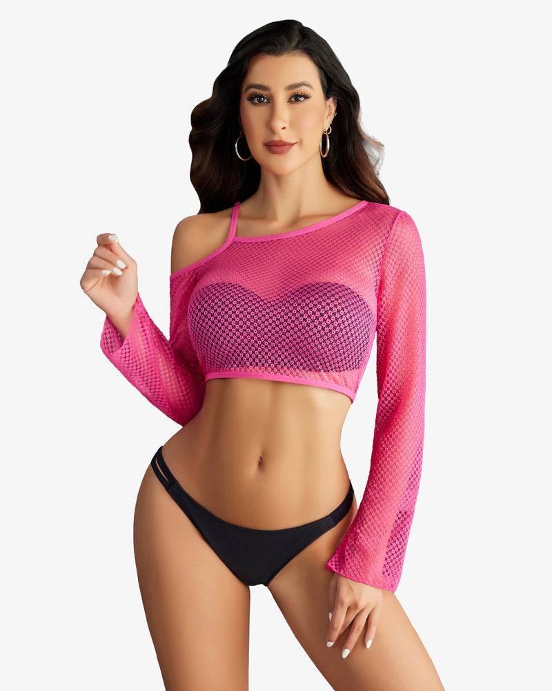 Pink fishnet crop top with asymmetrical neck, black bikini, long sleeve see through lingerie