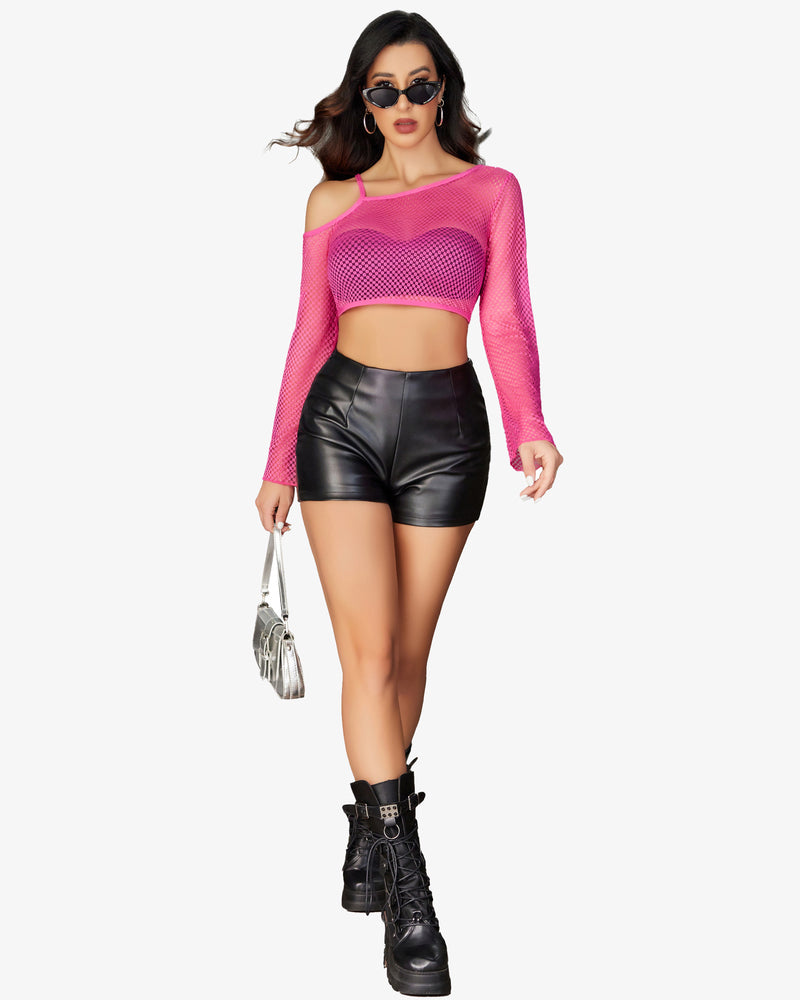 Pink fishnet asymmetrical crop top with long sleeves and black shorts, stylish streetwear.