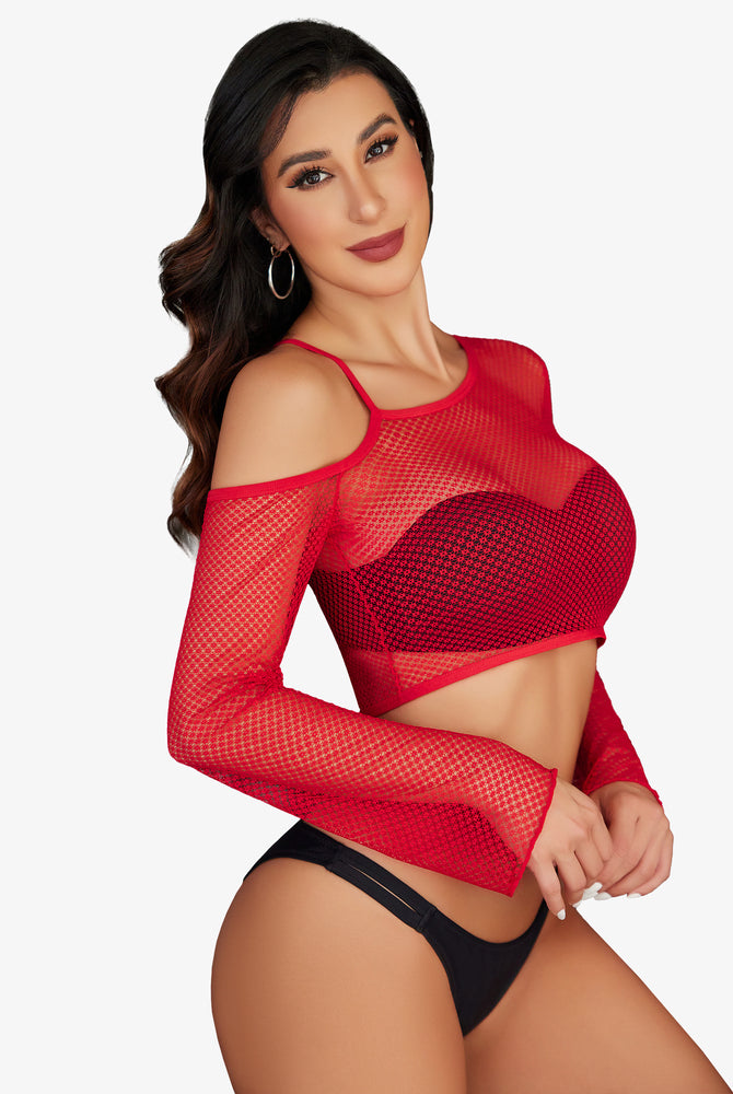 Red fishnet long sleeve crop top with asymmetrical neck, black lingerie. See-through design.