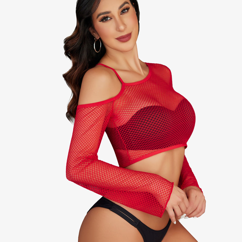 Red fishnet long sleeve crop top with asymmetrical neck, black lingerie. See-through design.