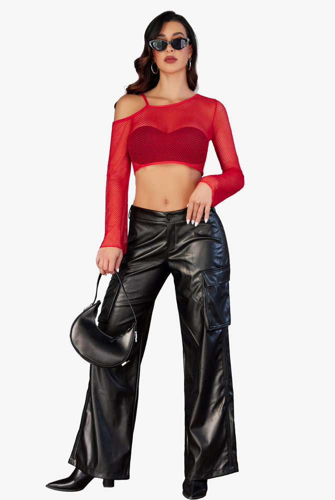 Red fishnet asymmetrical top with black leather cargo pants, see-through design.