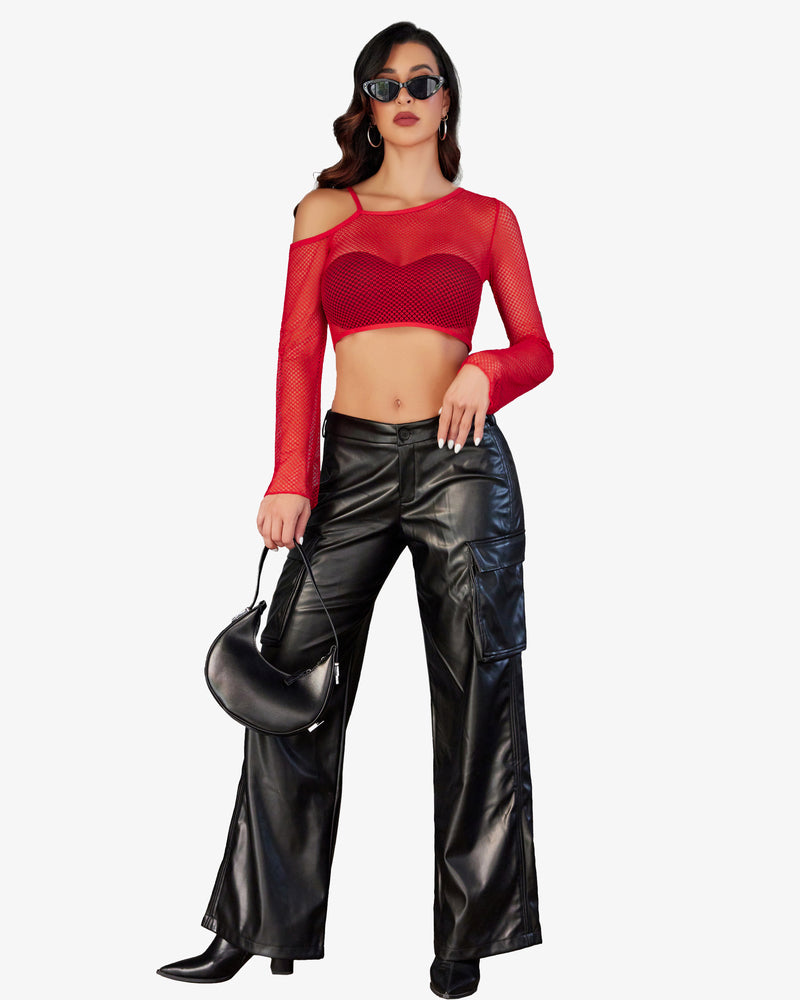 Red fishnet asymmetrical top with black leather cargo pants, see-through design.