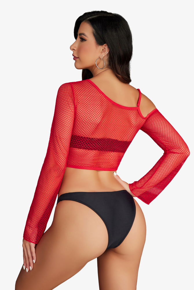 Red fishnet long sleeve top and black bikini bottoms, see-through lingerie