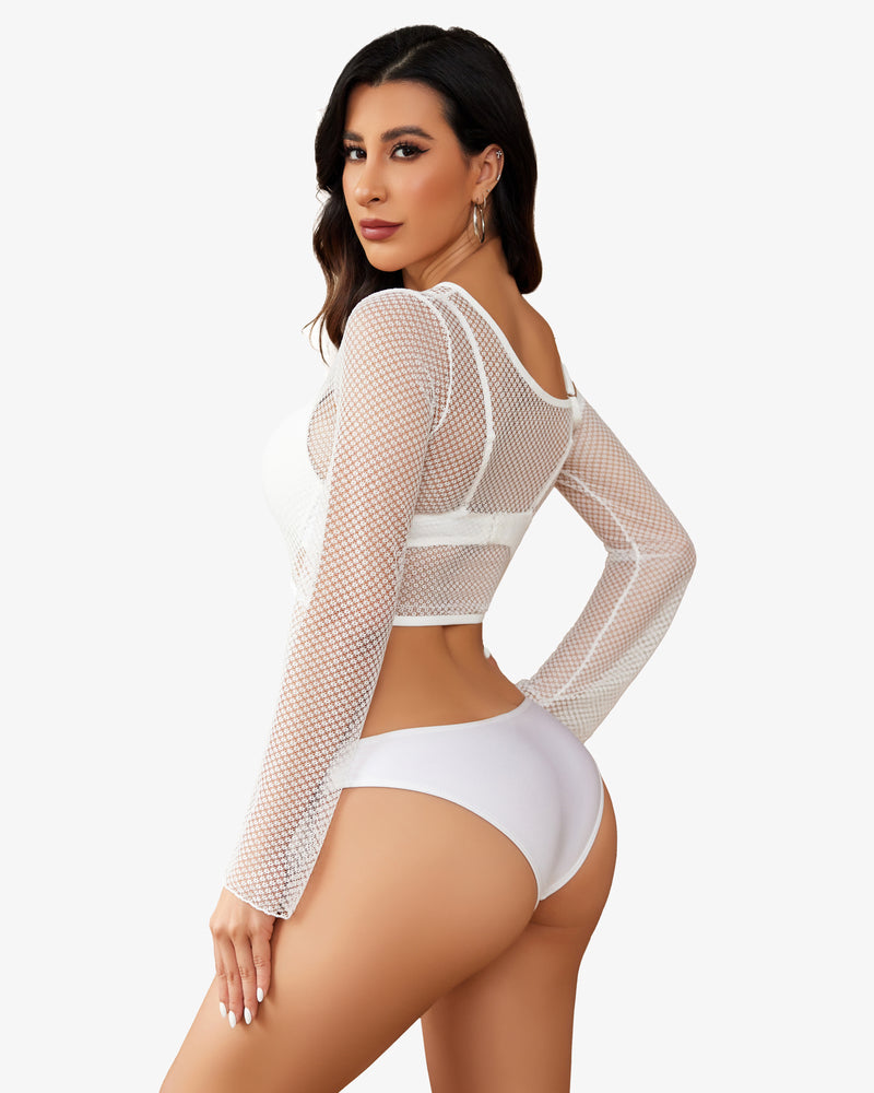 White fishnet long sleeve crop top and white underwear set, see through design