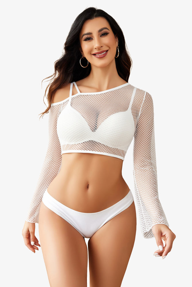 White fishnet long sleeve top and lingerie set, featuring asymmetrical neck and see-through design