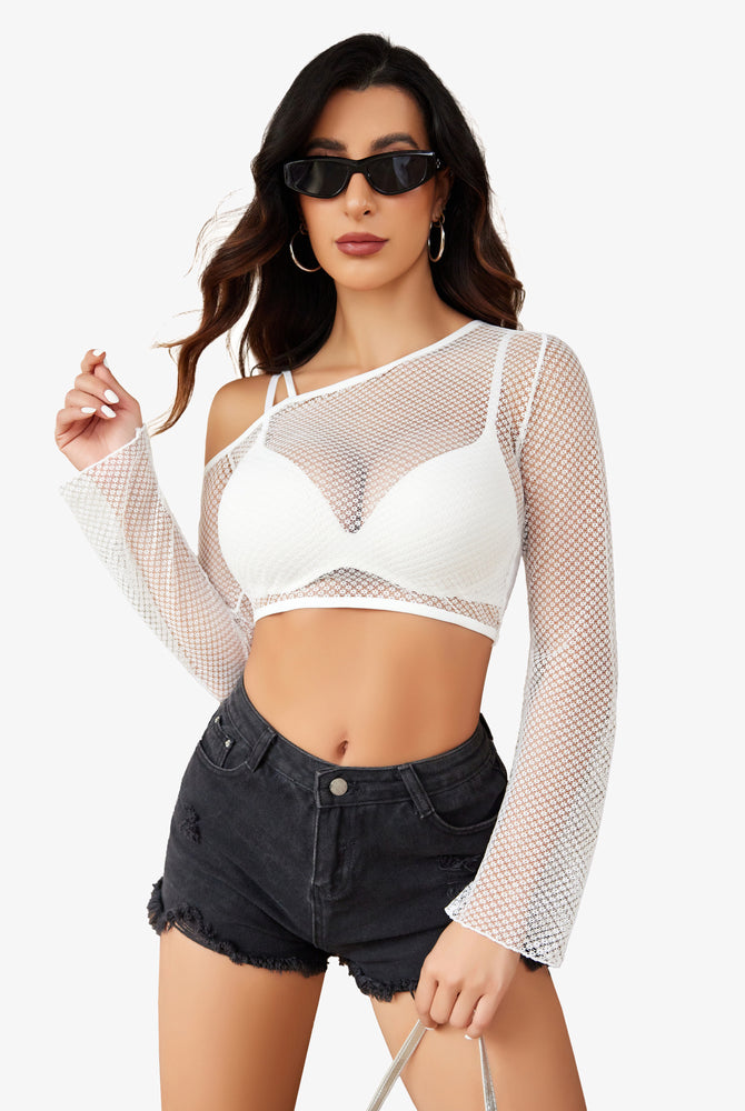 White fishnet crop top with asymmetrical neck and black shorts. See-through design for a sexy look.