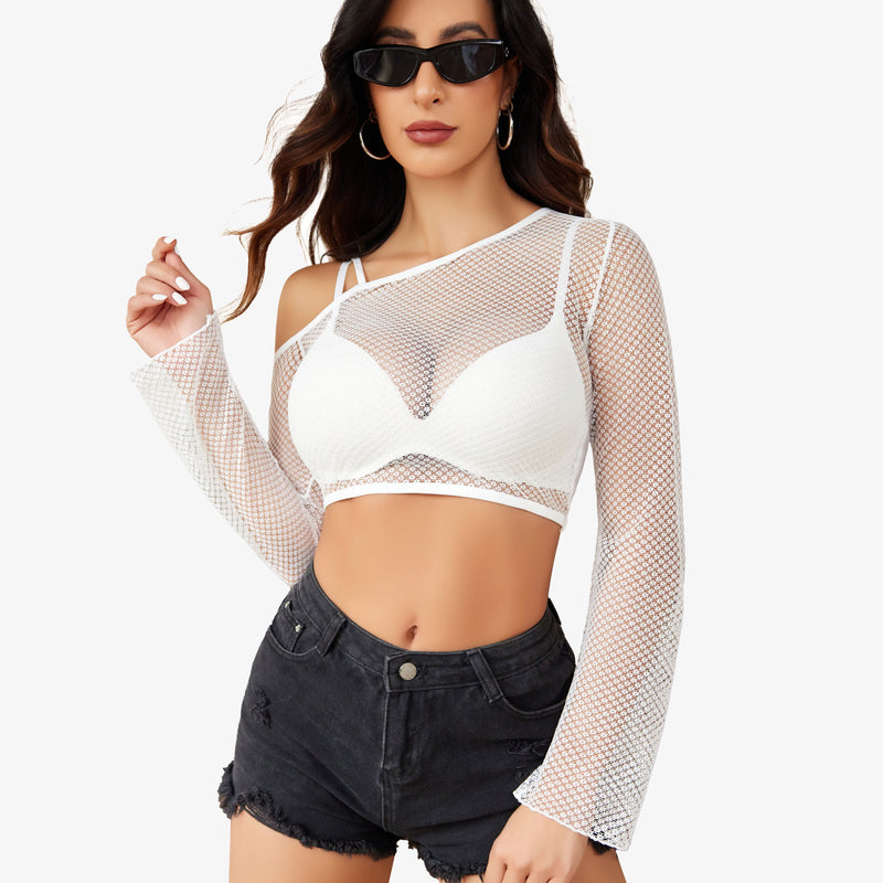 White fishnet crop top with asymmetrical neck and black shorts. See-through design for a sexy look.