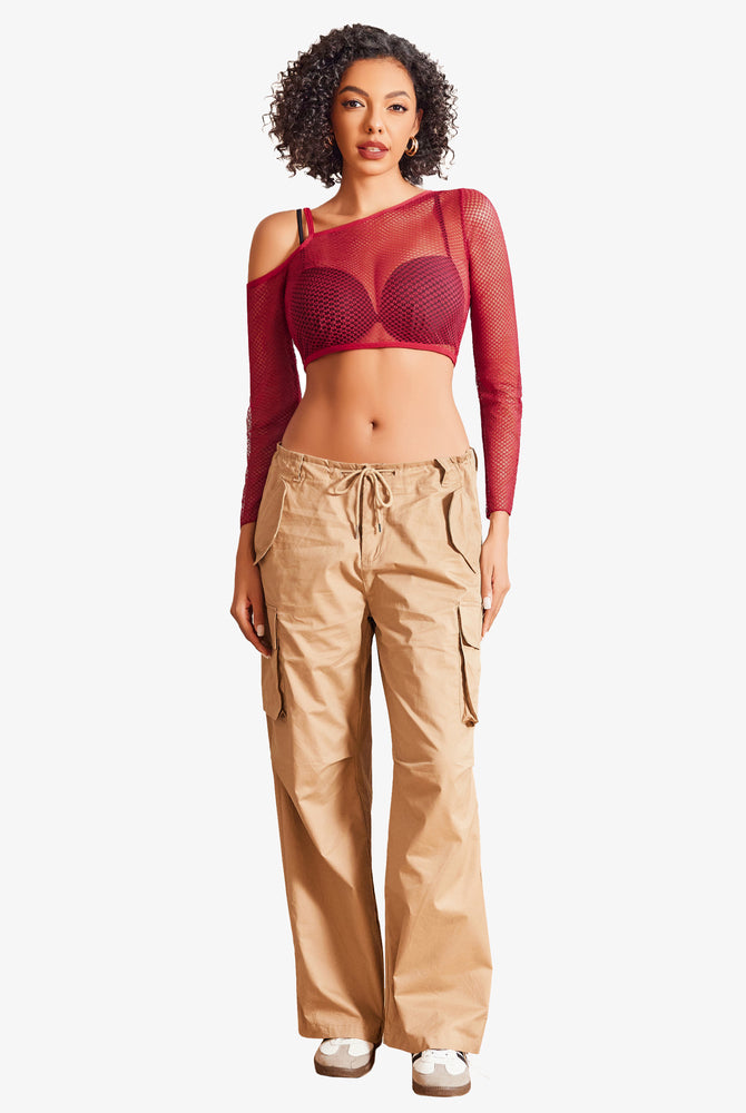 Burgundy fishnet crop top, asymmetrical neck, brown cargo pants, see-through lingerie