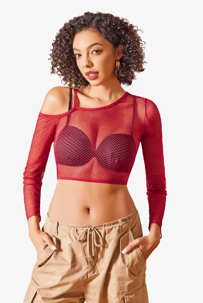 Red fishnet asymmetrical crop top, long sleeves, black bra, khaki cargo pants, see-through lingerie