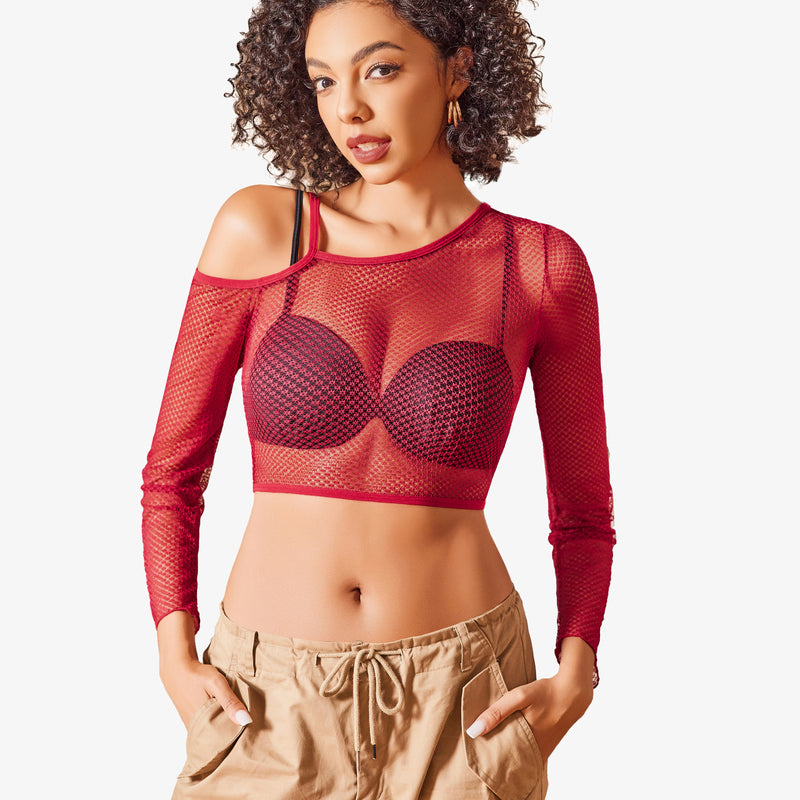 Red fishnet asymmetrical crop top, long sleeves, black bra, khaki cargo pants, see-through lingerie