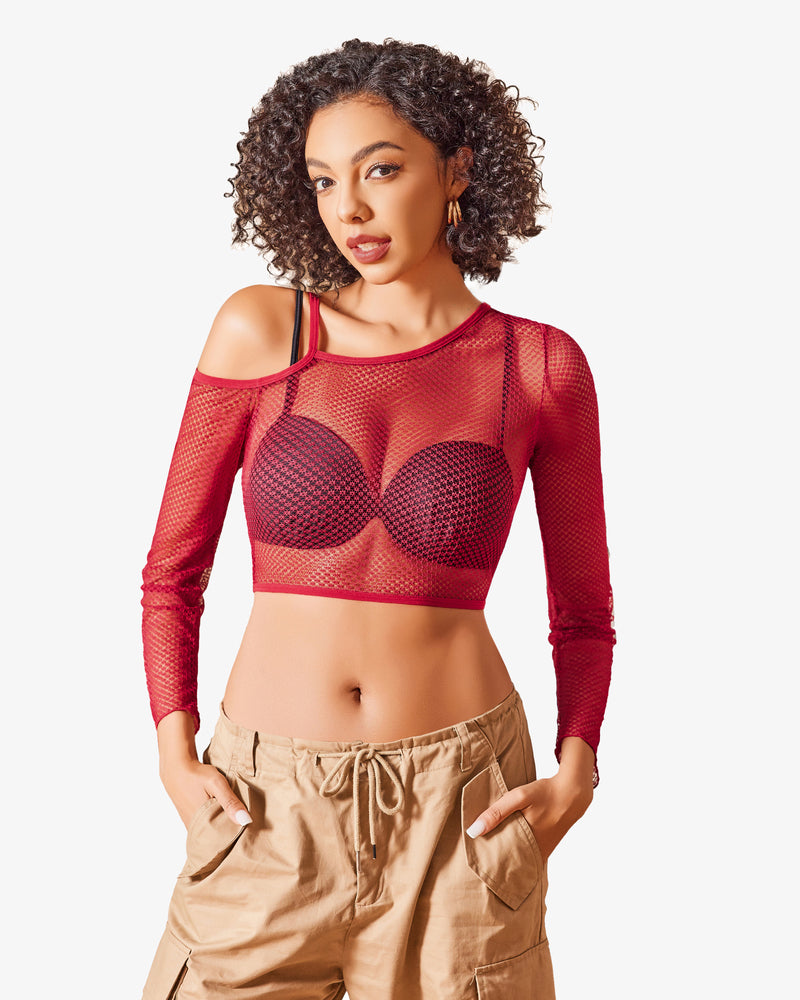 Red fishnet asymmetrical crop top, long sleeves, black bra, khaki cargo pants, see-through lingerie