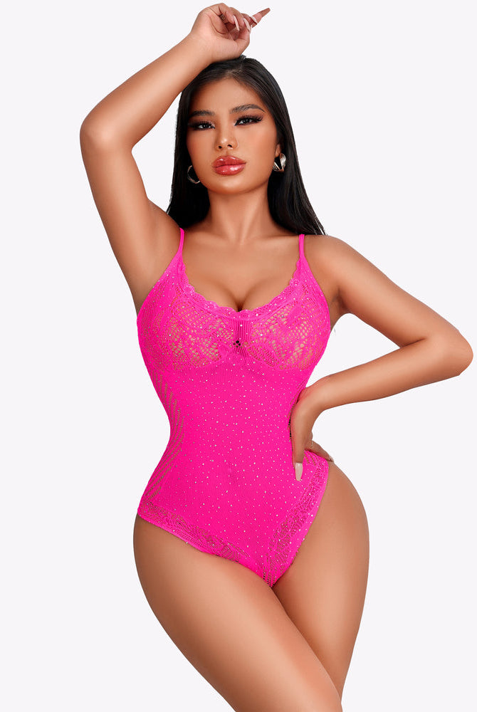Pink fishnet rhinestone sparkle bodysuit with thin straps and scalloped bust detail