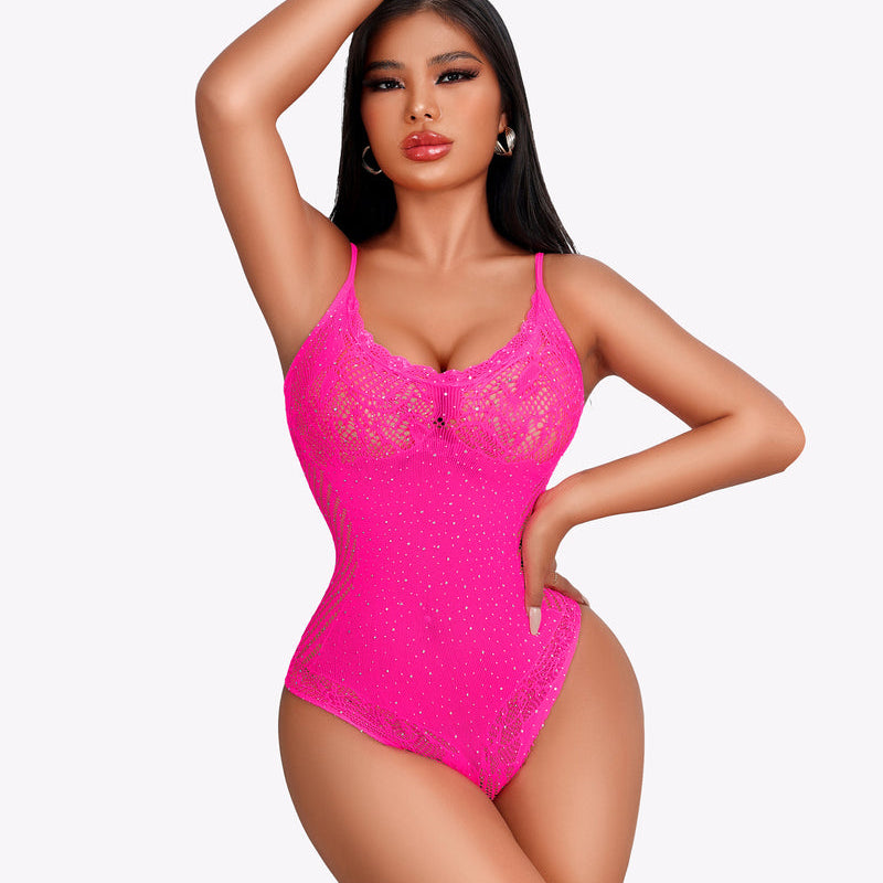 Pink fishnet rhinestone sparkle bodysuit with thin straps and scalloped bust detail