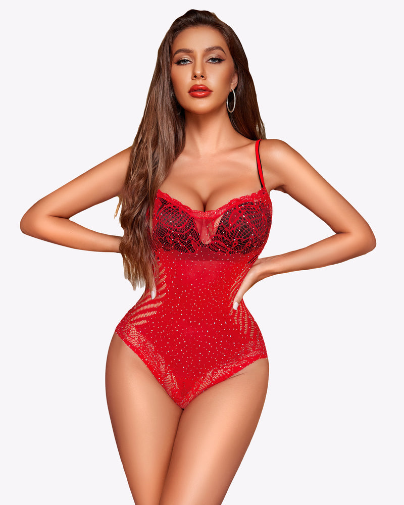 Red rhinestone fishnet bodysuit with lace trim, curves and glamorous design, sexy lingerie.