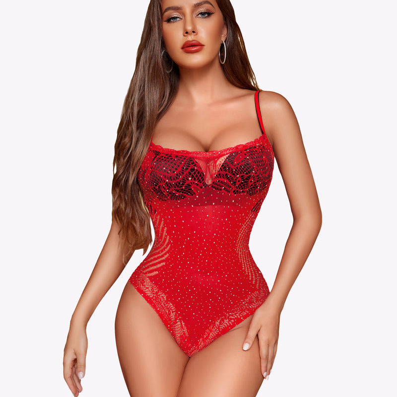 Red fishnet rhinestone bodysuit with sweetheart neckline, lace-look cups, sparkles