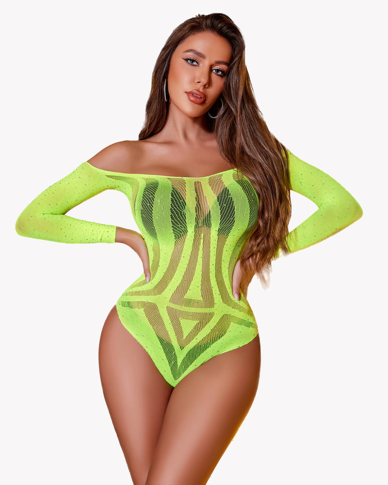 Neon green rhinestone fishnet bodysuit, off-shoulder, long sleeve, sexy lingerie, sparkling