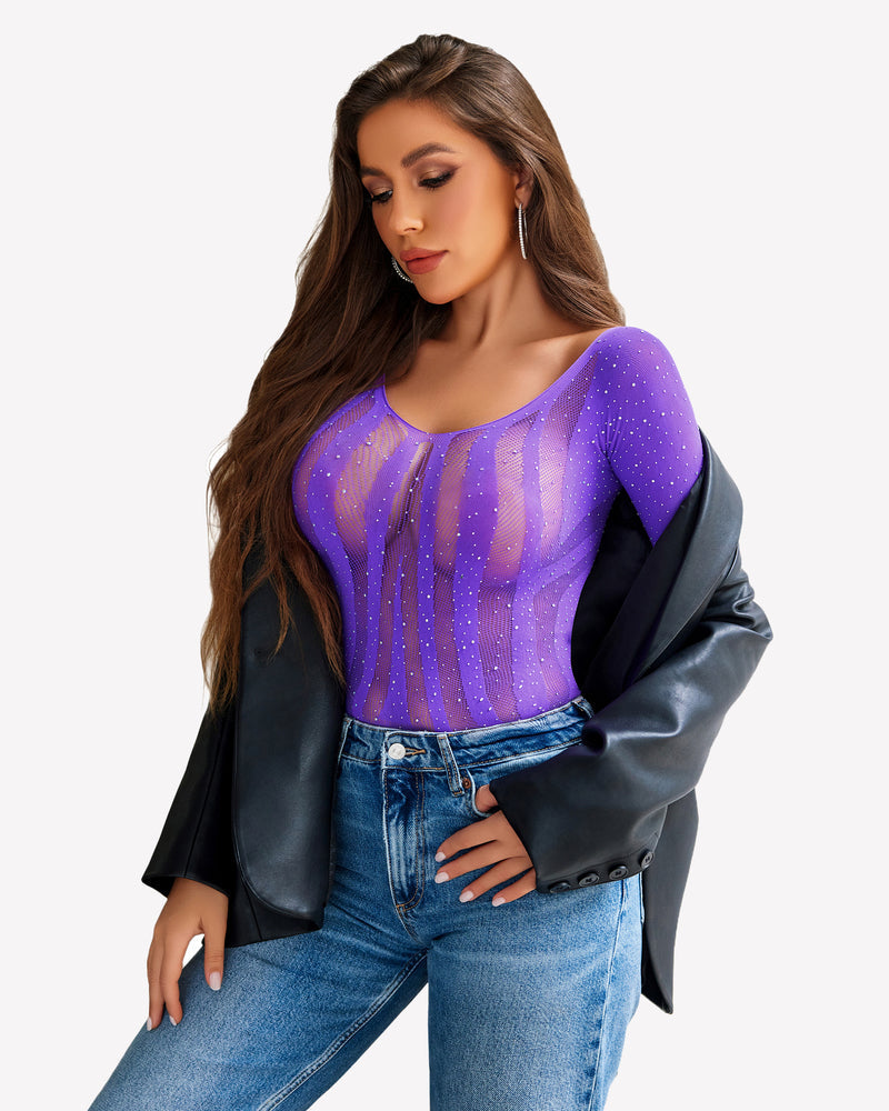 Purple rhinestone fishnet bodysuit, long sleeve, sparkling lingerie, sexy design with jeans