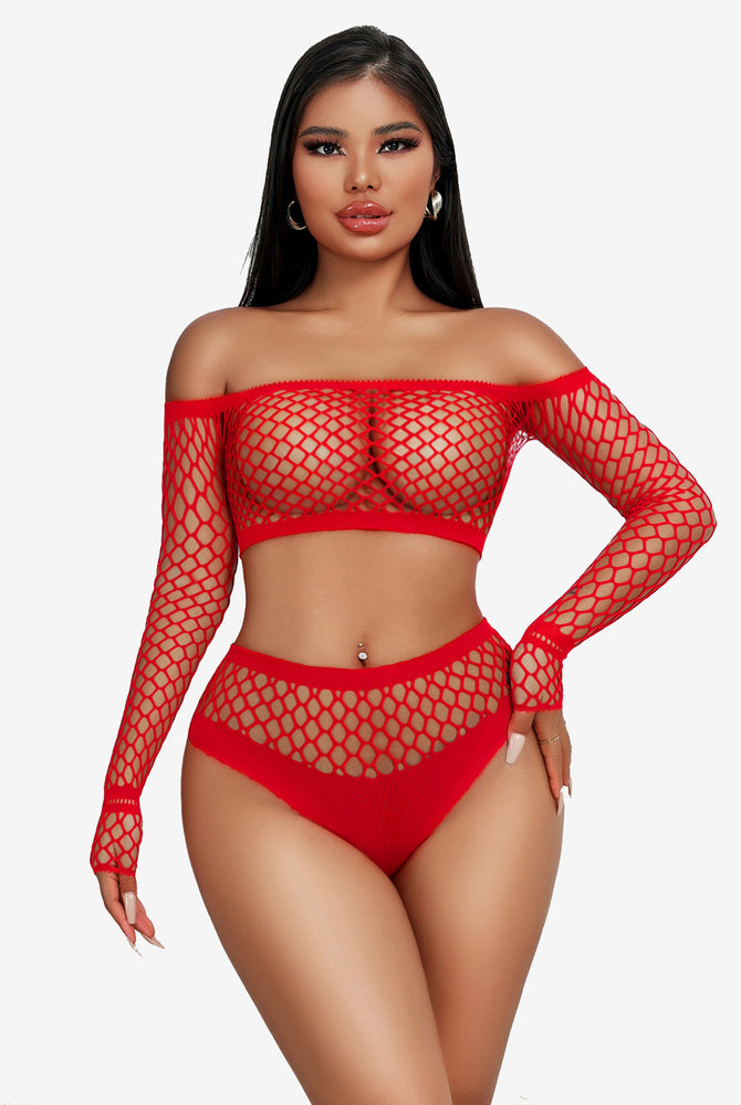 Red fishnet lingerie set with off-shoulder top and high-waisted bottoms. Chic and flattering design.