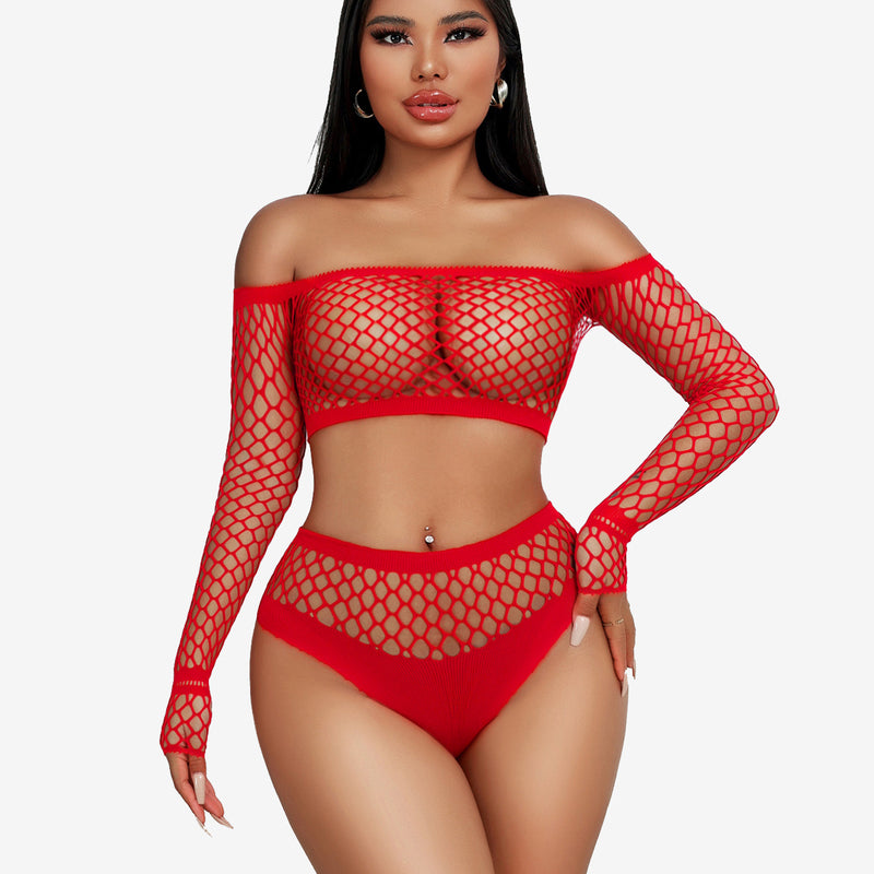 Red fishnet lingerie set with off-shoulder top and high-waisted bottoms. Chic and flattering design.