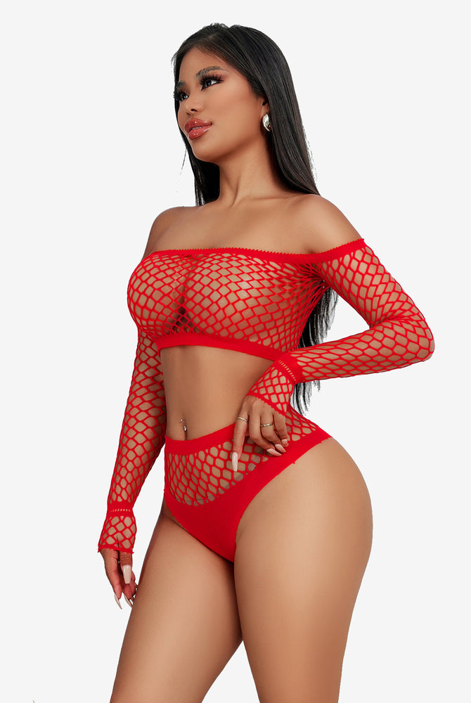 Red fishnet lingerie set. Two-piece, off-shoulder top and high-waisted bottoms. Chic and flattering.