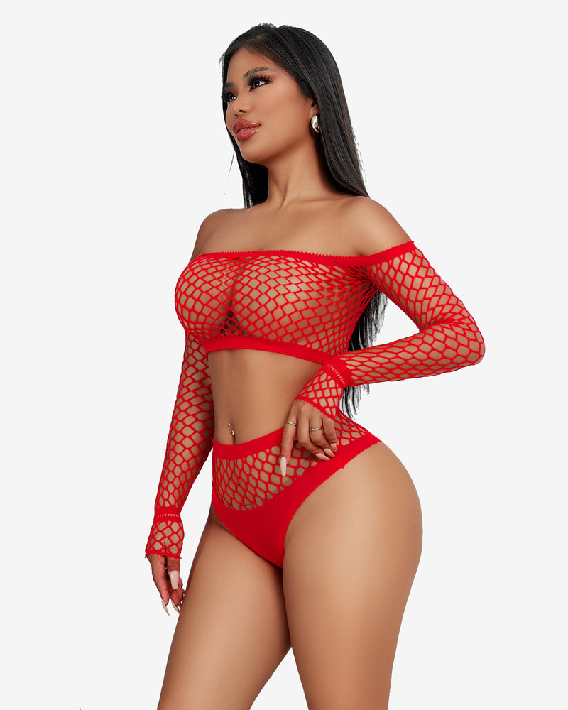 Red fishnet lingerie set. Two-piece, off-shoulder top and high-waisted bottoms. Chic and flattering.