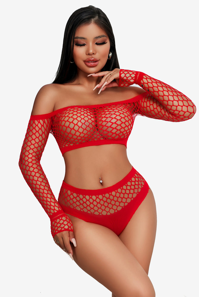 Red fishnet lingerie set. A two-piece set, designed for a chic look and available in sizes XS-XXL.