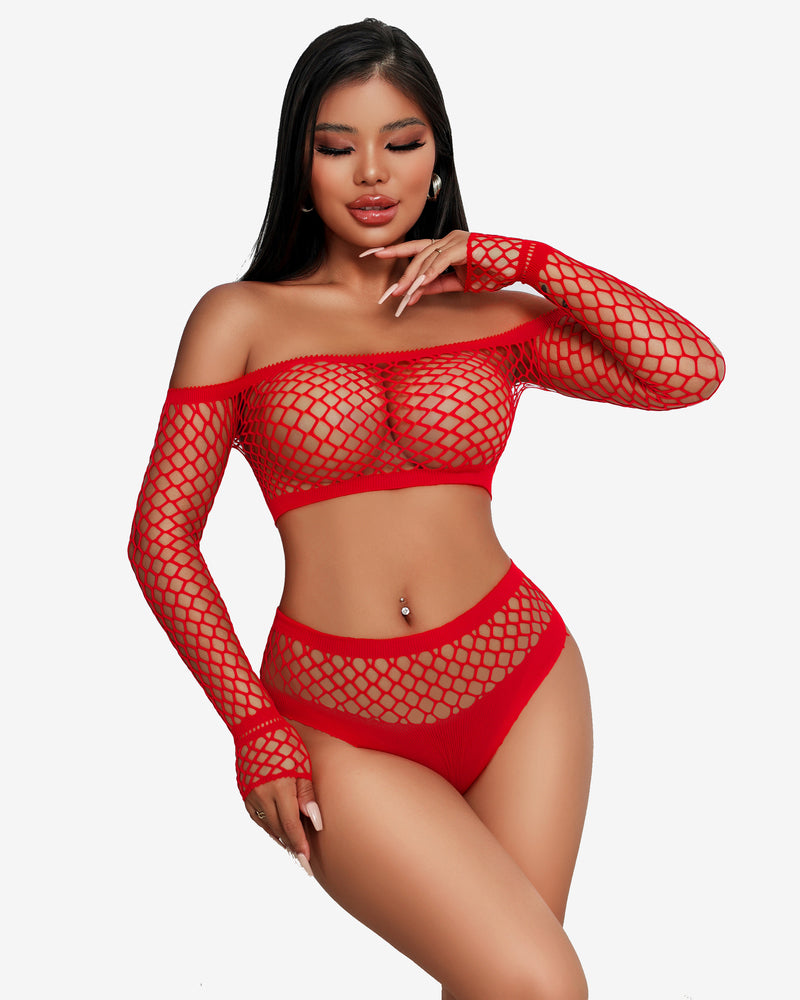 Red fishnet lingerie set. A two-piece set, designed for a chic look and available in sizes XS-XXL.