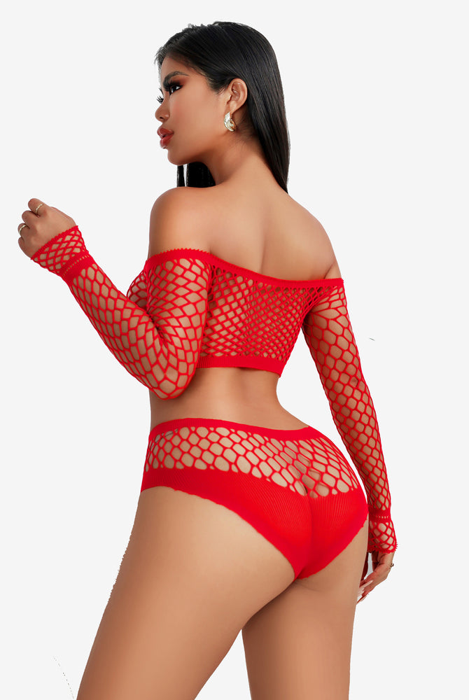 Red fishnet lingerie set. Off-shoulder top, high-waisted bottoms. Chic and flattering design.