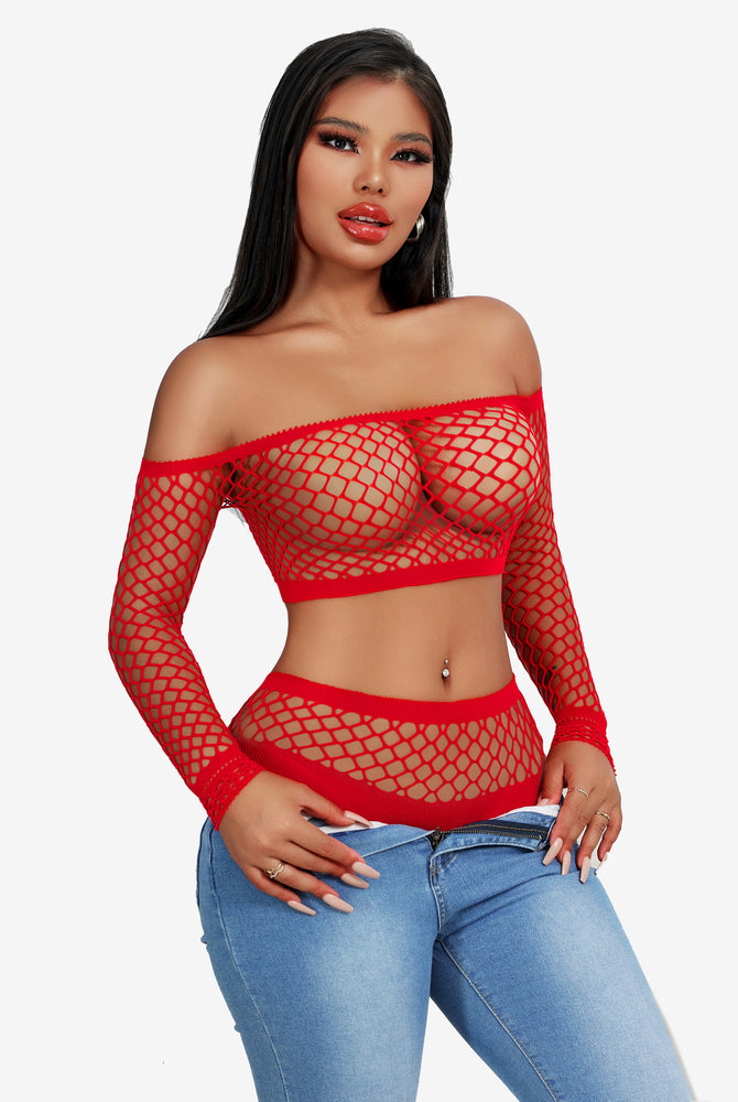 Red fishnet lingerie set, off-shoulder top and high-waisted bottoms. Flattering and chic design.