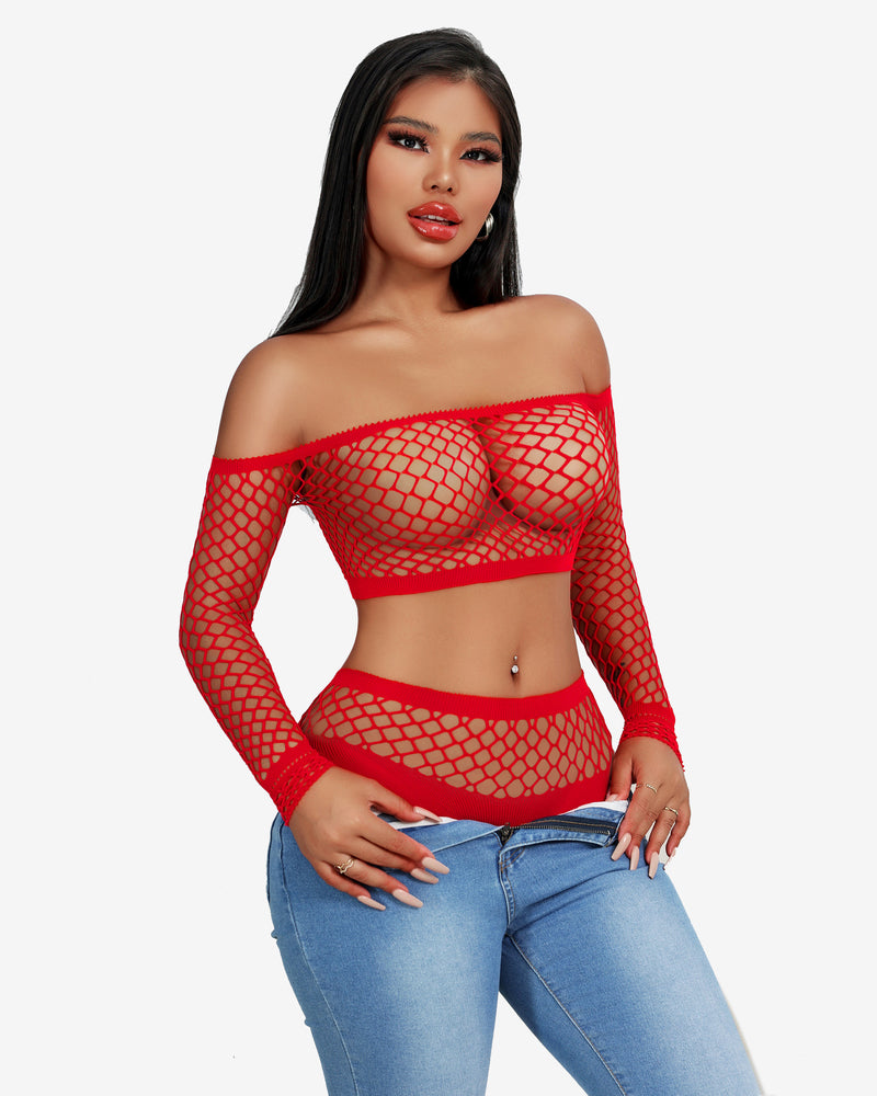 Red fishnet lingerie set, off-shoulder top and high-waisted bottoms. Flattering and chic design.