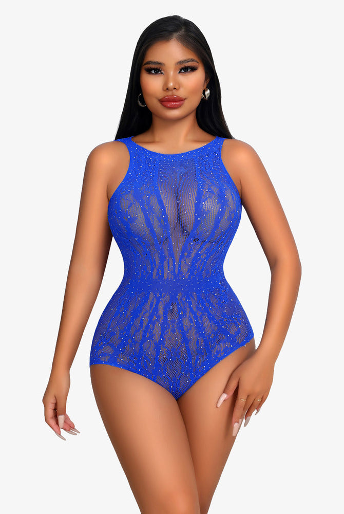 Blue rhinestone teddy lingerie bodysuit, fishnet design for women, sexy and confident