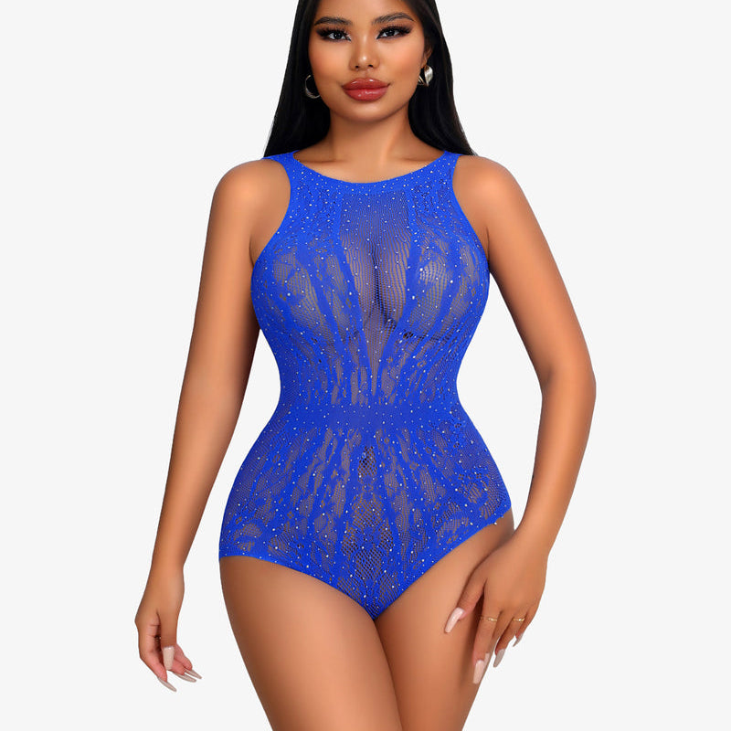 Blue rhinestone teddy lingerie bodysuit, fishnet design for women, sexy and confident